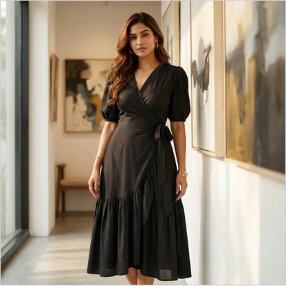 Solid Black, Sleek Chic Midi Dress