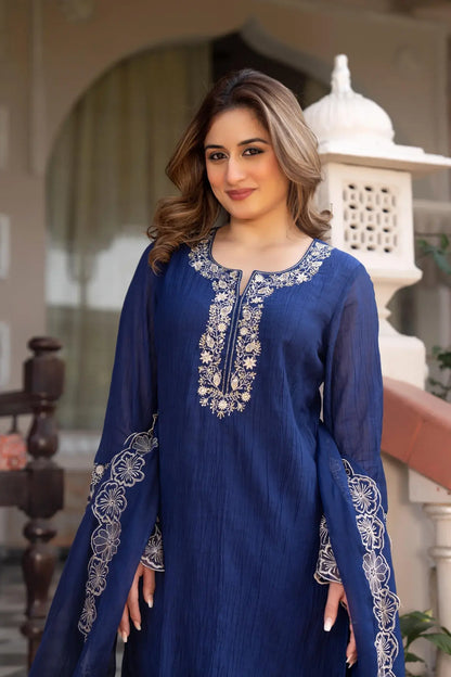 Elegant Navy Blue Suit Set in Crush Cotton