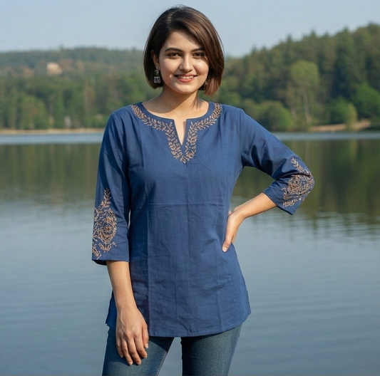 Elegant Royal Blue Short Kurti With Kalamkari Patchwork