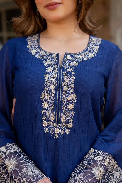 Elegant Navy Blue Suit Set in Crush Cotton
