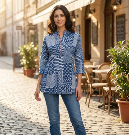 Beautiful Indigo Patch Print Short Kurti
