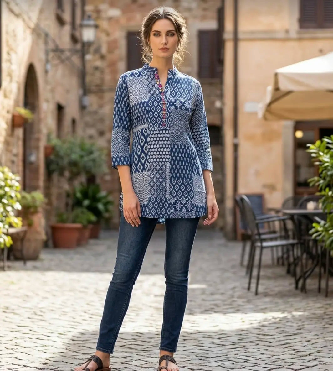 Beautiful Indigo Patch Print Short Kurti