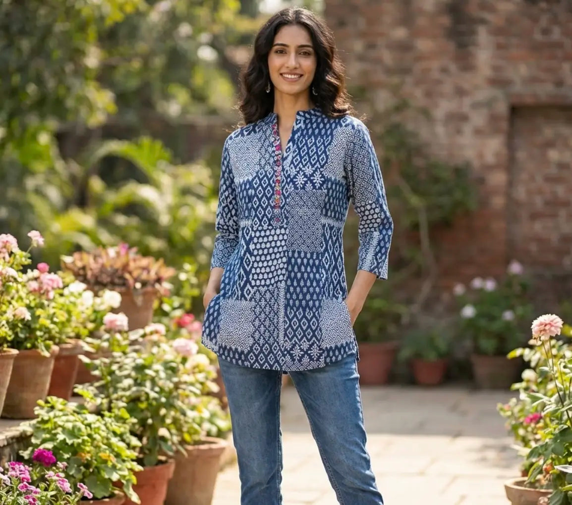 Beautiful Indigo Patch Print Short Kurti