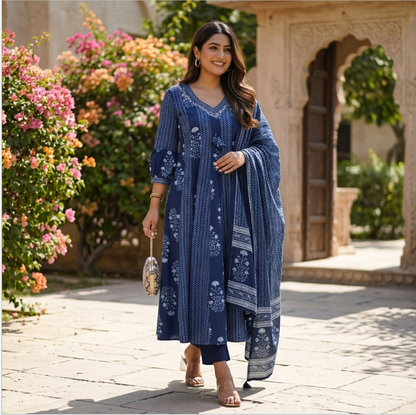 Beautiful Indigo Block Printed Cotton Anarkali Suit