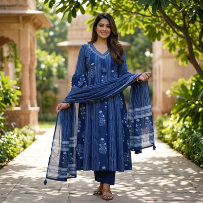 Beautiful Indigo Block Printed Cotton Anarkali Suit