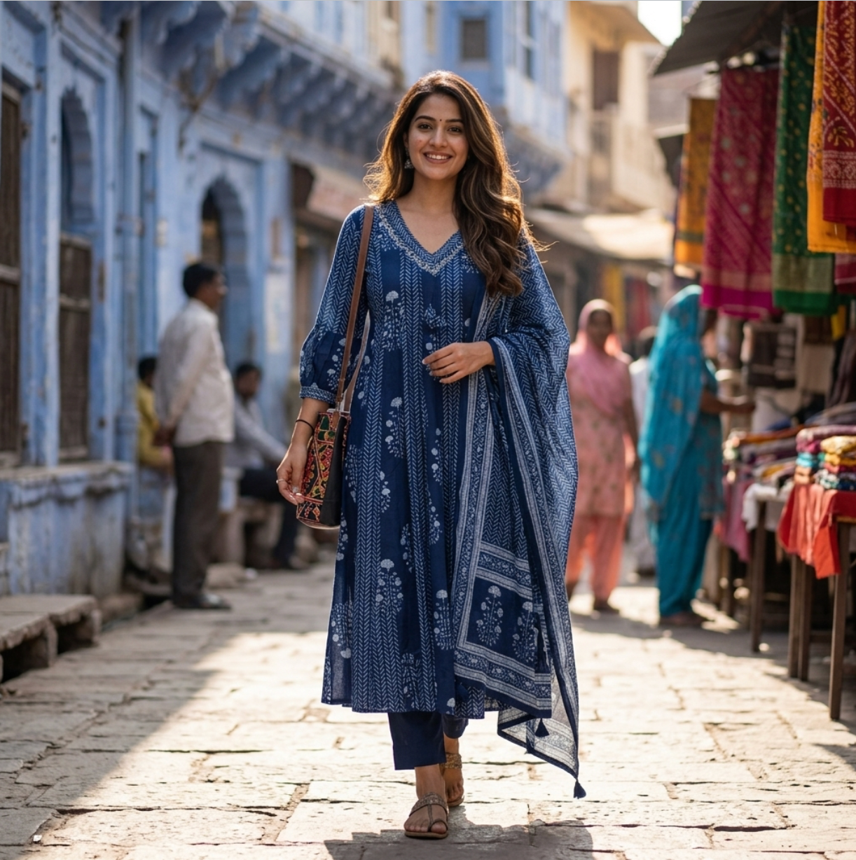 Beautiful Indigo Block Printed Cotton Anarkali Suit
