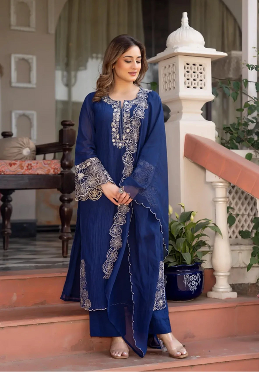 Elegant Navy Blue Suit Set in Crush Cotton