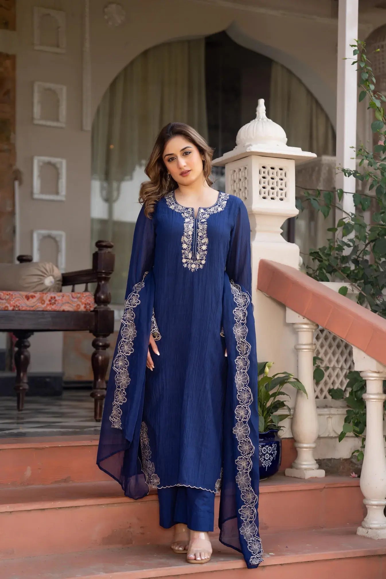 Elegant Navy Blue Suit Set in Crush Cotton