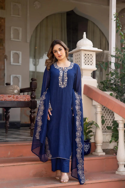 Elegant Navy Blue Suit Set in Crush Cotton
