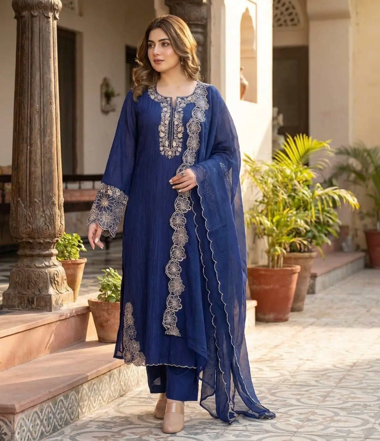 Elegant Navy Blue Suit Set in Crush Cotton