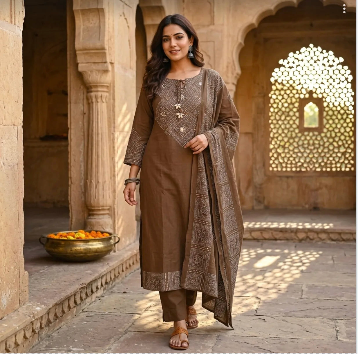 Earthy Elegance Embroidered Kurta Set  with tie-up tassel