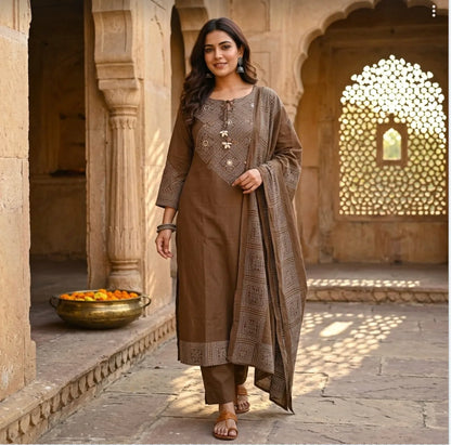 Earthy Elegance Embroidered Kurta Set  with tie-up tassel