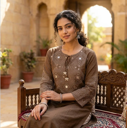 Earthy Elegance Embroidered Kurta Set  with tie-up tassel