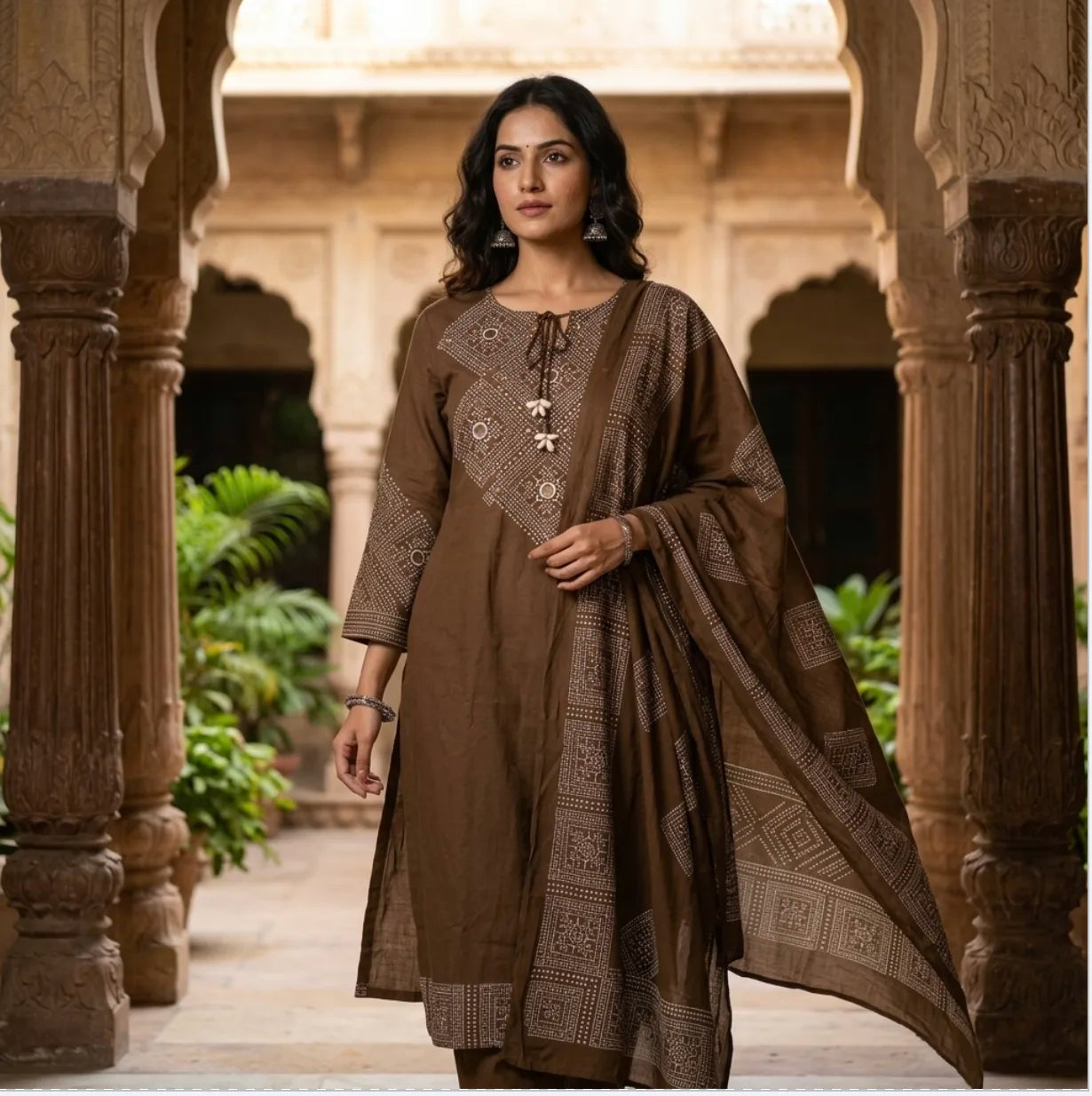 Earthy Elegance Embroidered Kurta Set  with tie-up tassel