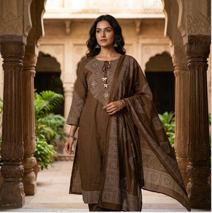 Earthy Elegance Embroidered Kurta Set  with tie-up tassel