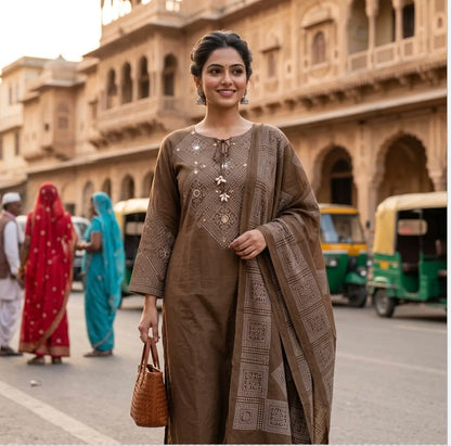 Earthy Elegance Embroidered Kurta Set  with tie-up tassel
