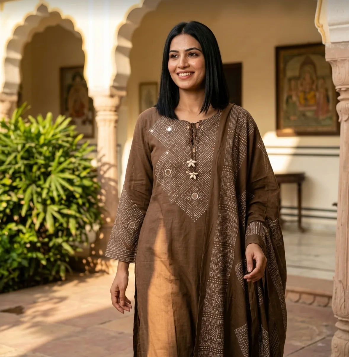 Earthy Elegance Embroidered Kurta Set  with tie-up tassel