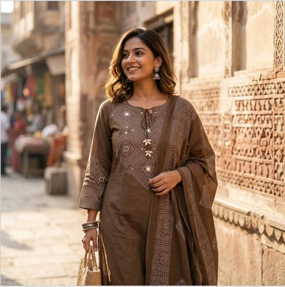Earthy Elegance Embroidered Kurta Set  with tie-up tassel