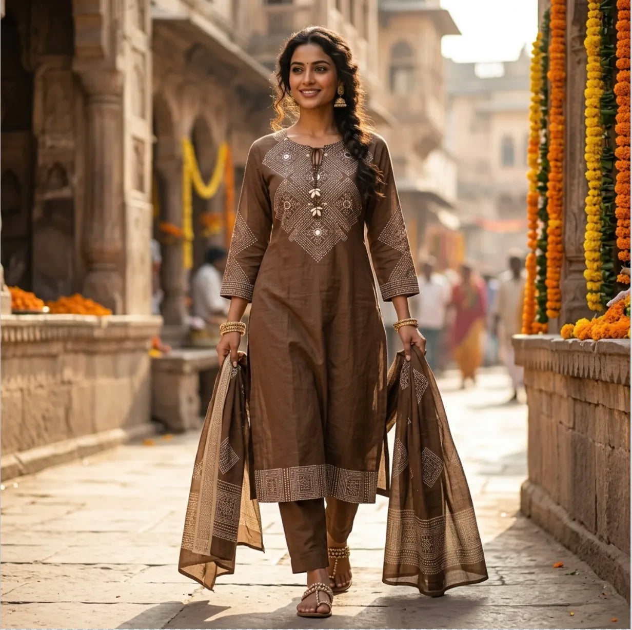 Earthy Elegance Embroidered Kurta Set  with tie-up tassel