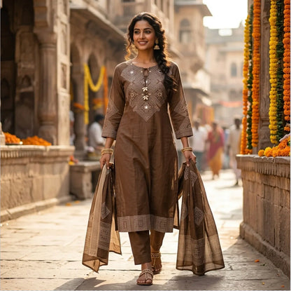 Earthy Elegance Embroidered Kurta Set  with tie-up tassel