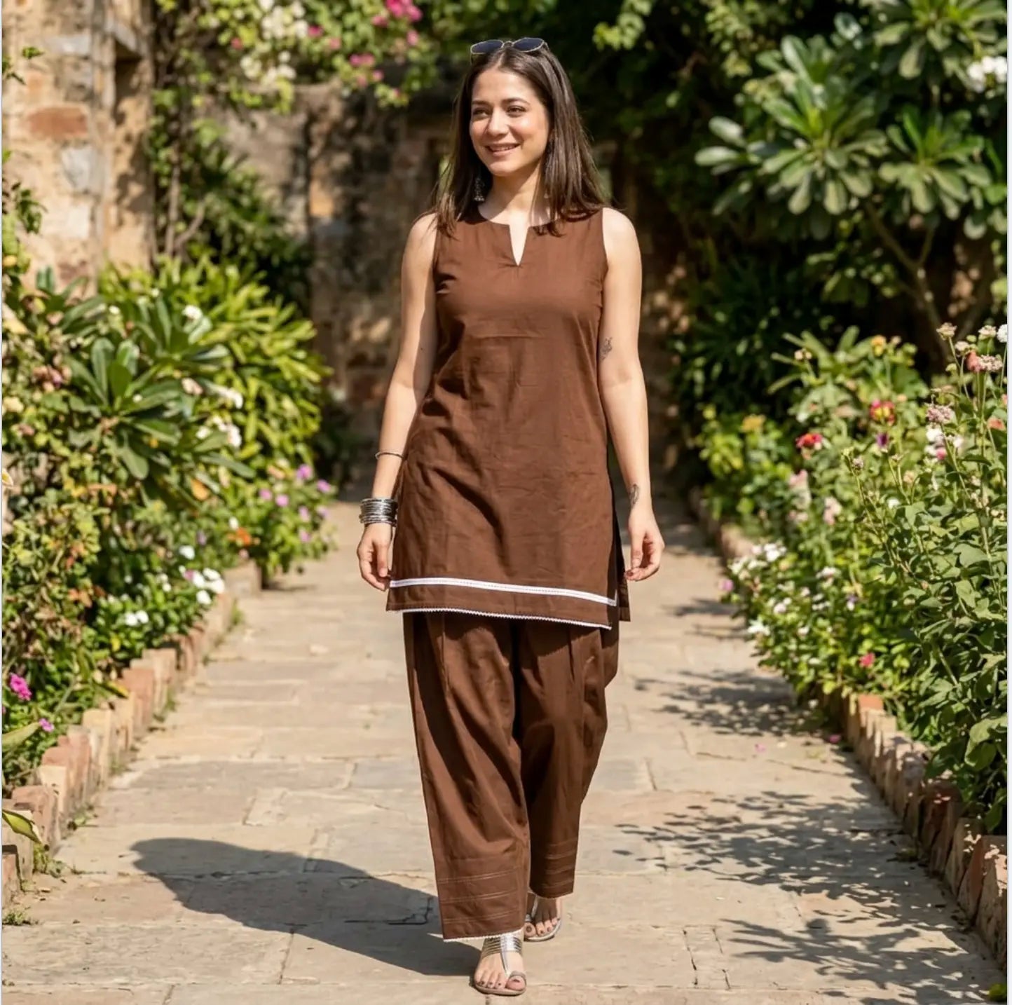 Elegant Sleeveless Chocolate Brown Farsi Set ( Separately sleeves available)