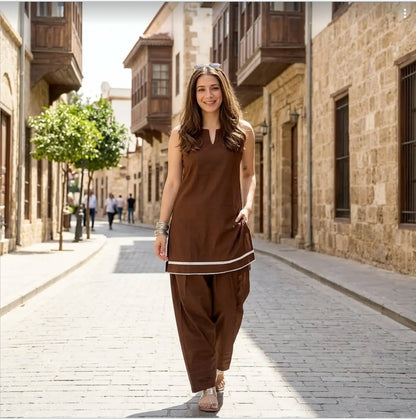 Elegant Sleeveless Chocolate Brown Farsi Set ( Separately sleeves available)