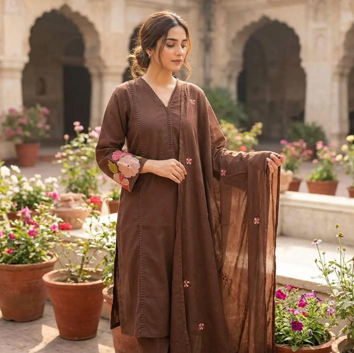 Beautiful Chocolate Brown Floral Embroidered Kurti Set