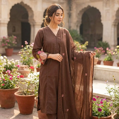 Beautiful Chocolate Brown Floral Embroidered Kurti Set