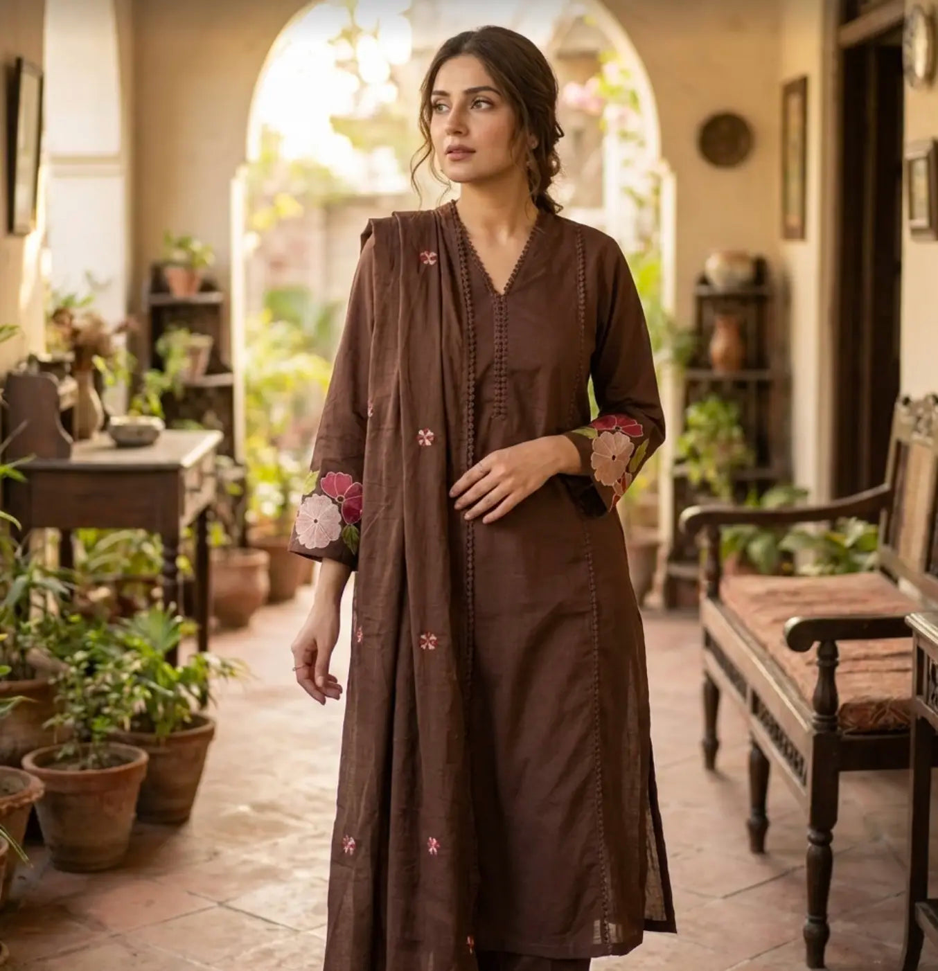 Beautiful Chocolate Brown Floral Embroidered Kurti Set