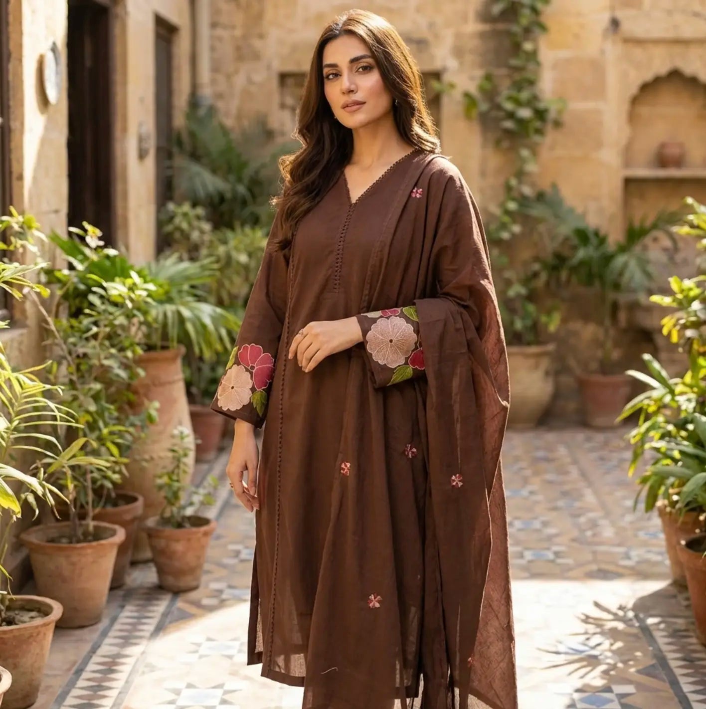 Beautiful Chocolate Brown Floral Embroidered Kurti Set