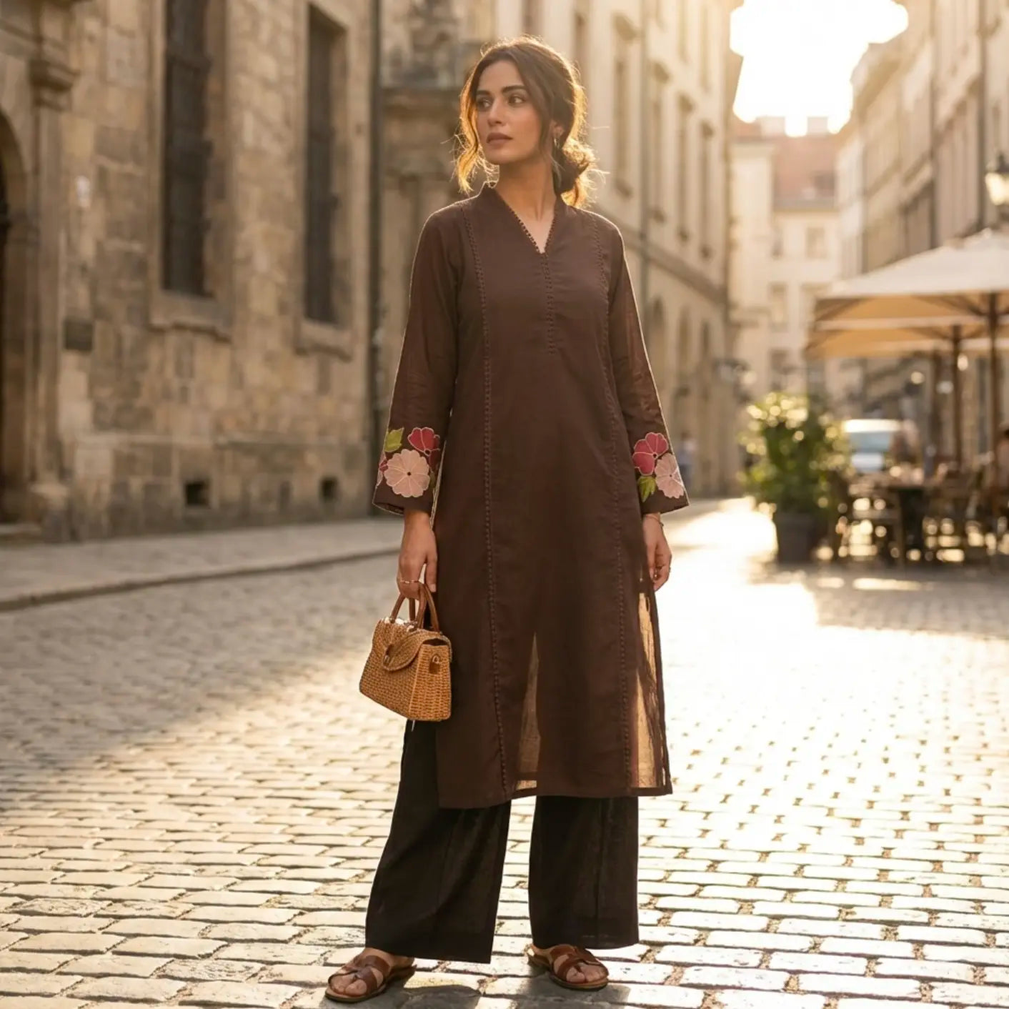 Beautiful Chocolate Brown Floral Embroidered Kurti Set