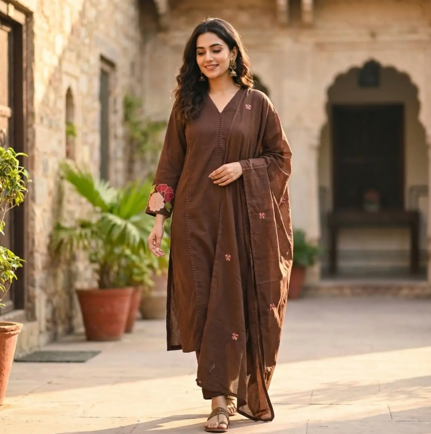 Beautiful Chocolate Brown Floral Embroidered Kurti Set