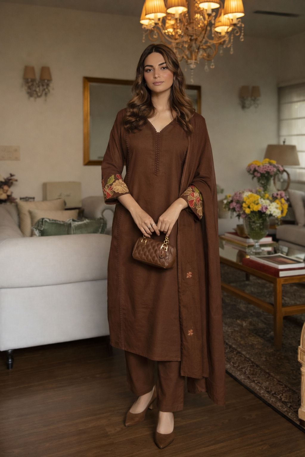Beautiful Chocolate Brown Floral Embroidered Kurti Set