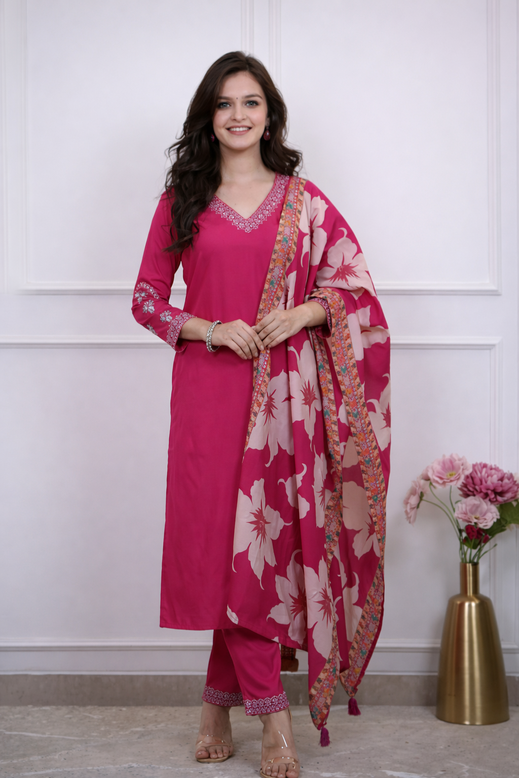Elegant Floral Embroidered Thread Work Kurta Set With Muslin Silk Dupatta