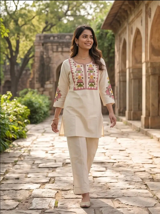 Beautiful threadwork embroidered two-piece co-ord set in Beige