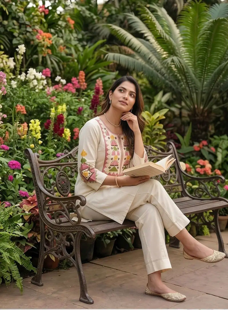 Beautiful threadwork embroidered two-piece co-ord set in Beige