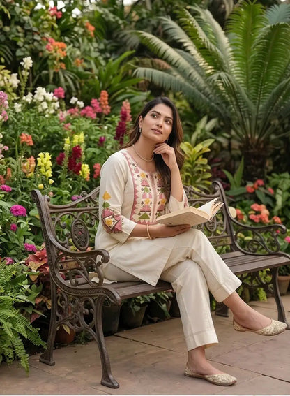 Beautiful threadwork embroidered two-piece co-ord set in Beige