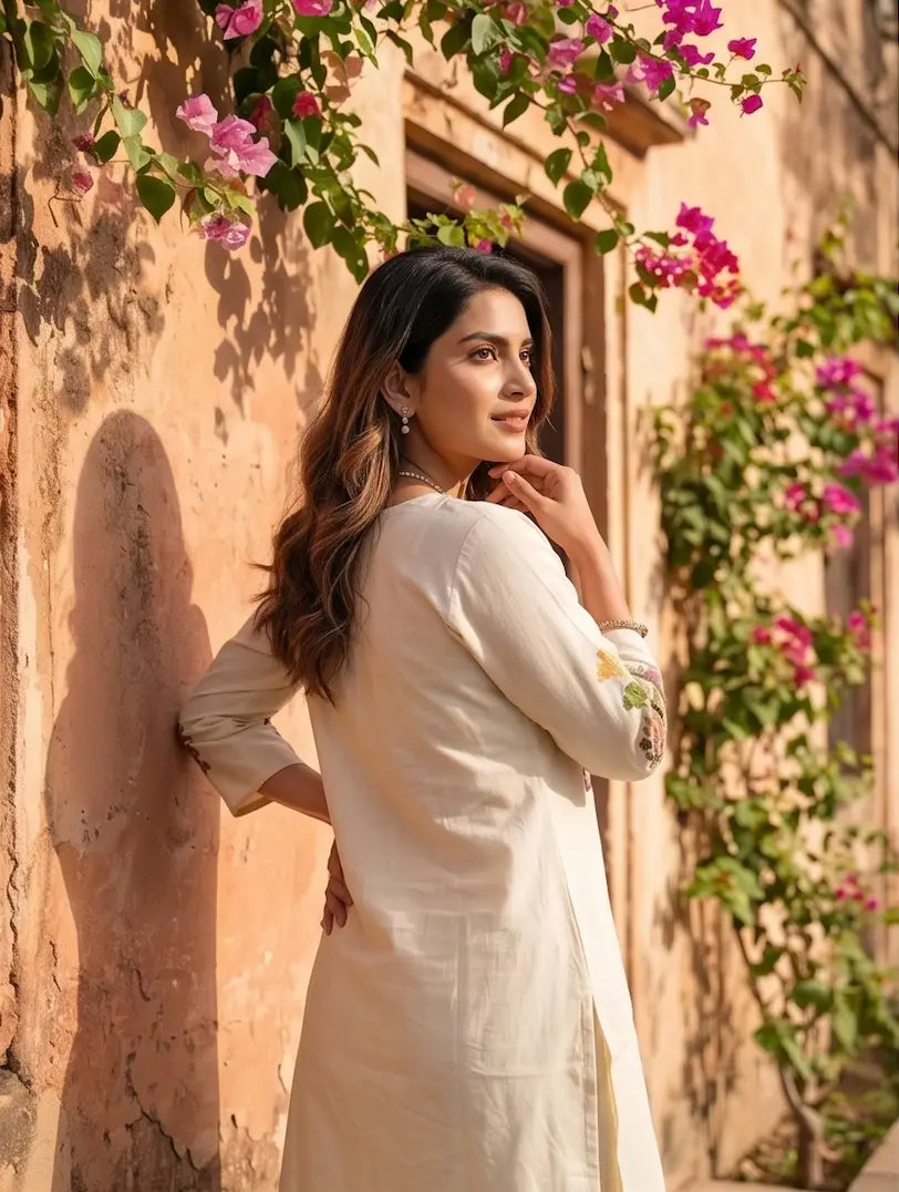 Beautiful threadwork embroidered two-piece co-ord set in Beige