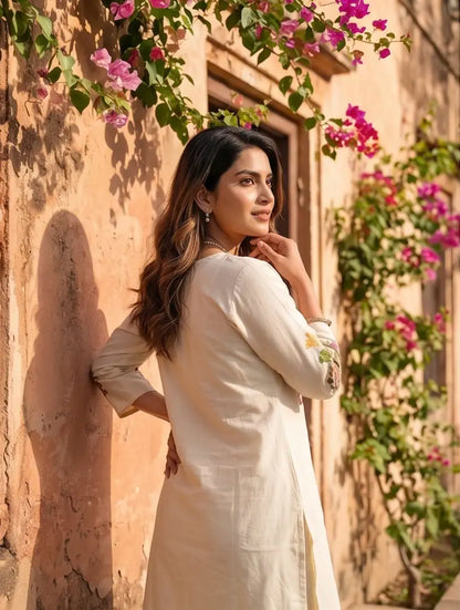 Beautiful threadwork embroidered two-piece co-ord set in Beige