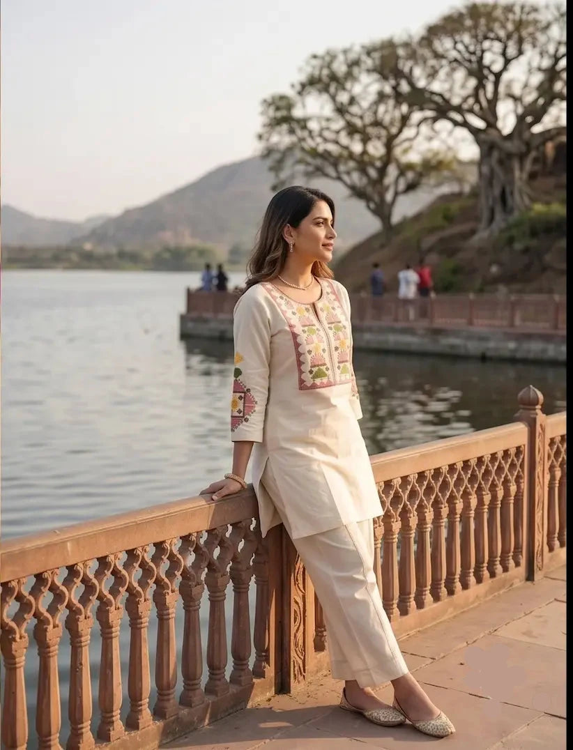 Beautiful threadwork embroidered two-piece co-ord set in Beige