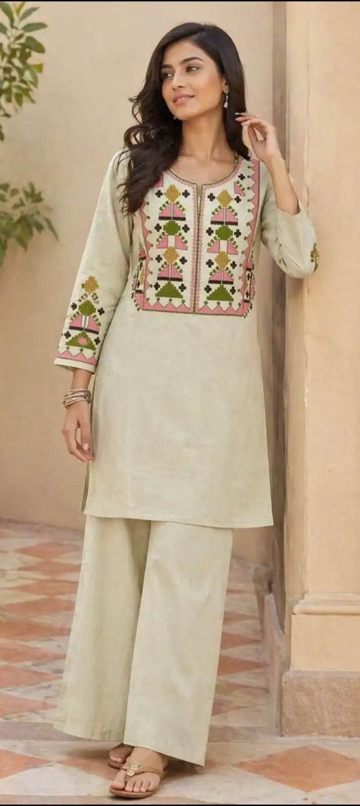Beautiful threadwork embroidered two-piece co-ord set in Beige