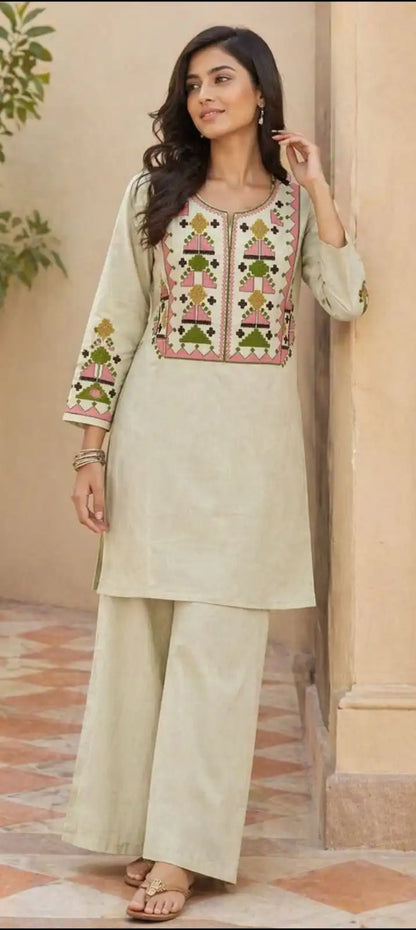 Beautiful threadwork embroidered two-piece co-ord set in Beige