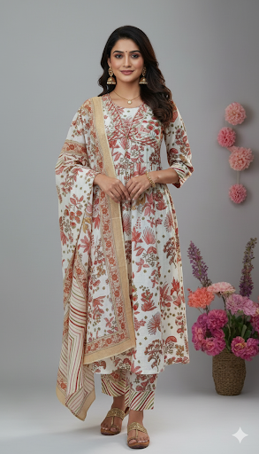 Red and White Printed Anarkali Set