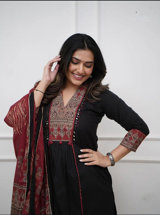 Elegant Block Printed Suit In Black