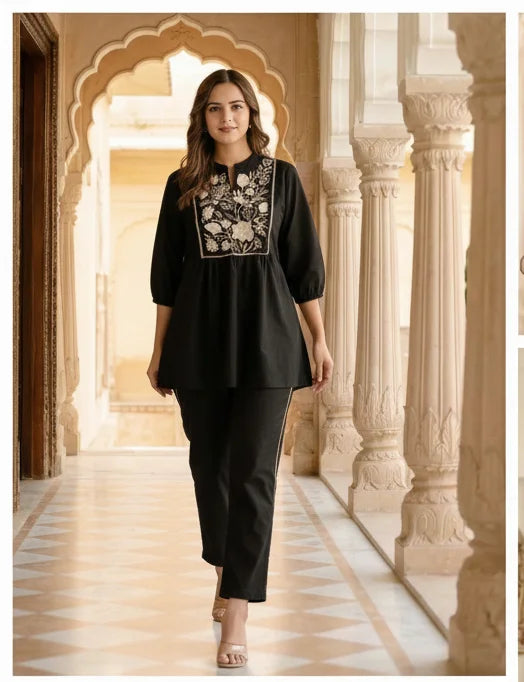 Elegant Cotton A line Embroidery Co-ord Set in Black