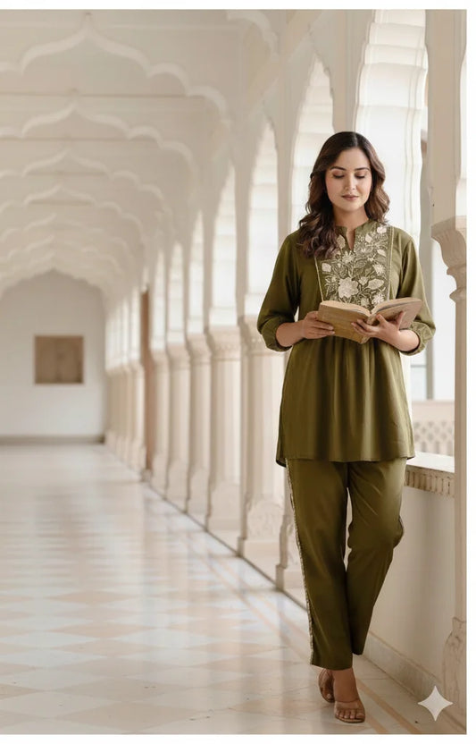 Elegant Cotton A line Embroidery Co-ord Set in Olive Green