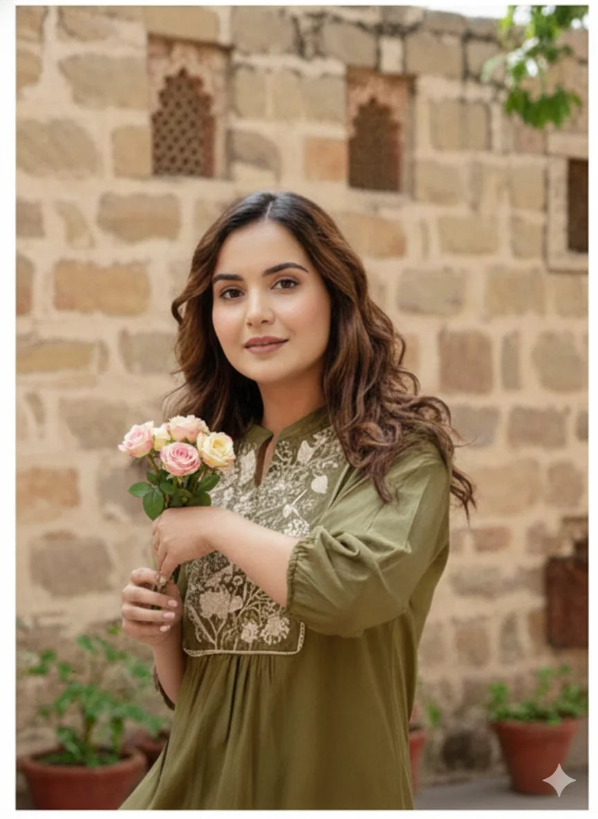 Elegant Cotton A line Embroidery Co-ord Set in Olive Green The Pink Threads | Clothing Store Elegant Cotton A line Embroidery Co-ord Set in Olive Green The Pink Threads | Clothing Store