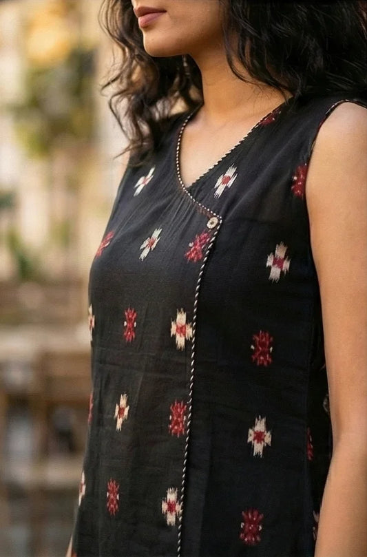 Elegant Cotton Black Wrap Short Kurti With Ikat Pattern Print