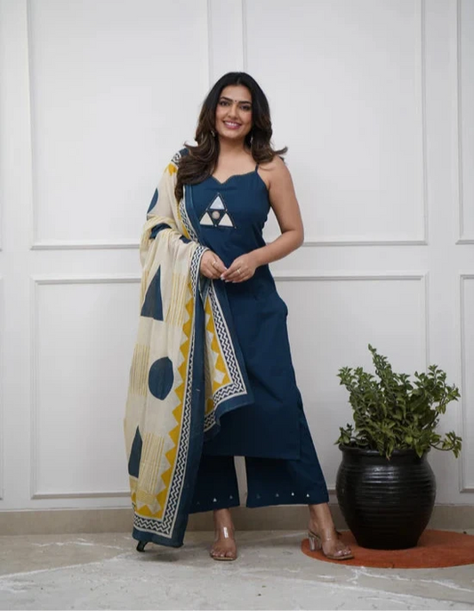 Elegant Cotton Speggitti Set With Mirror Work And Mulmul Hand Block Duppatta