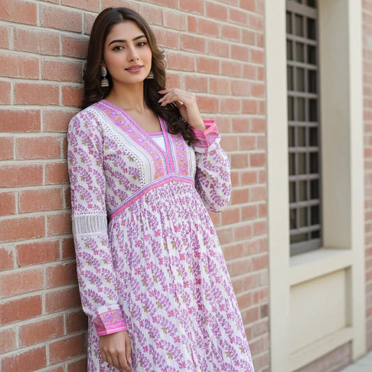 White A-line Mul Cotton Gown with Mughal Print Dupatta and Crochet Lace